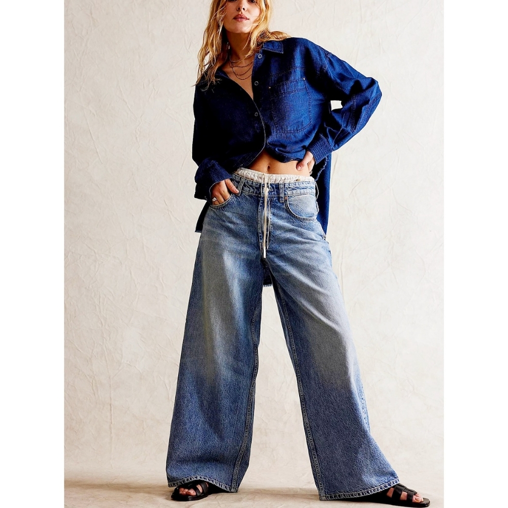 Free People Waterfalls Baggy Wide-Leg Outlaw Patchwork Denim Jeans
